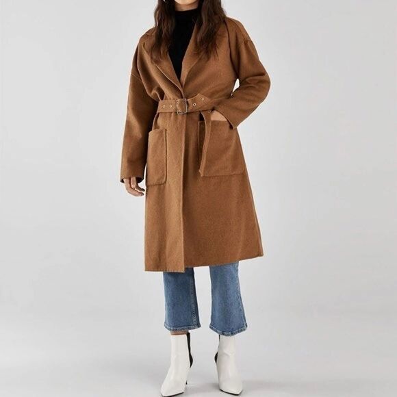 Bershka Womens Wool Blend Tan Belted Trench Coat Jacket Pocket Preppy XS… - Picture 1 of 10